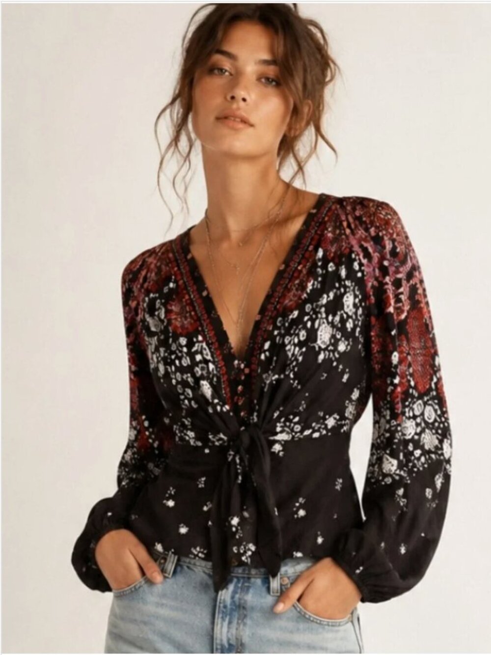 Free People Run Free Tunic Top In Night Combo Black Size XS Boho